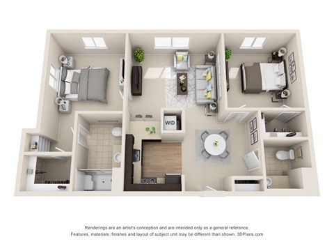 Floor plan for 2 beds, 2 baths, 965 sqft